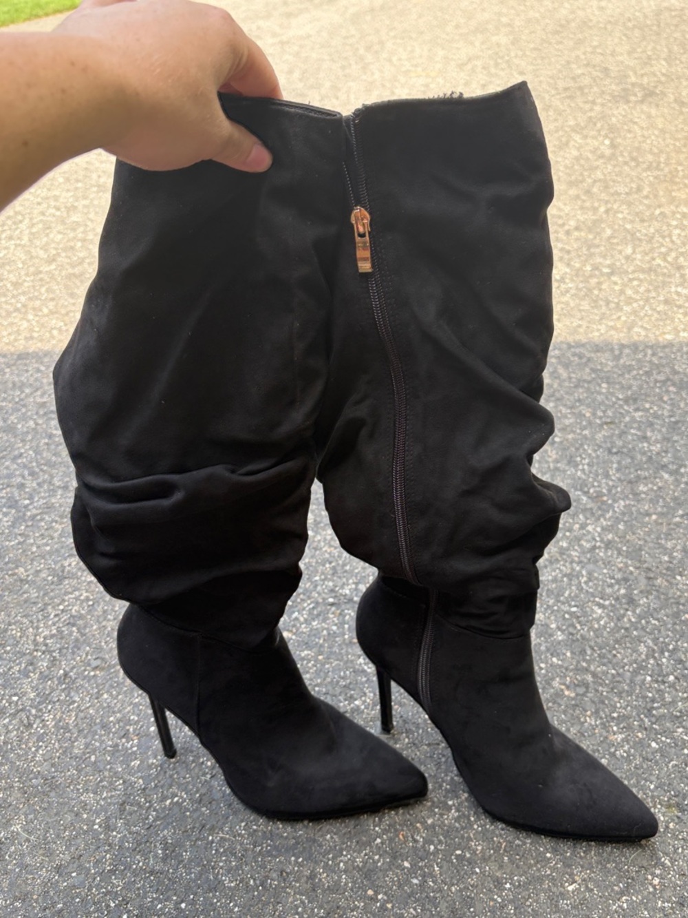 Black Suede Slouch Knee-High Stiletto Boots